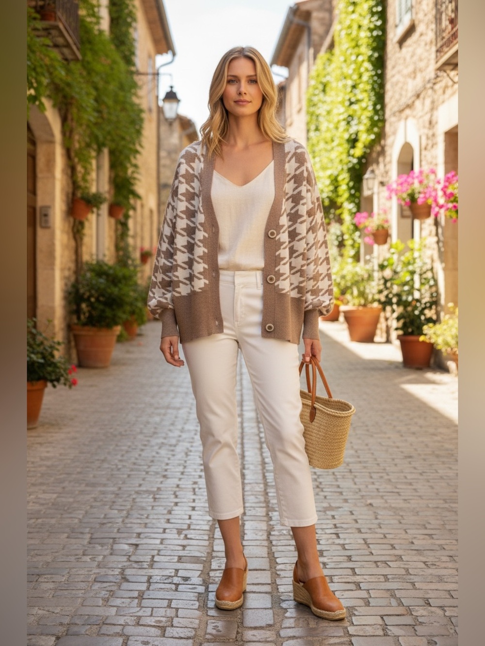 Joie Two-Tone Houndstooth Button-Front Cardigan - Cream & Brown